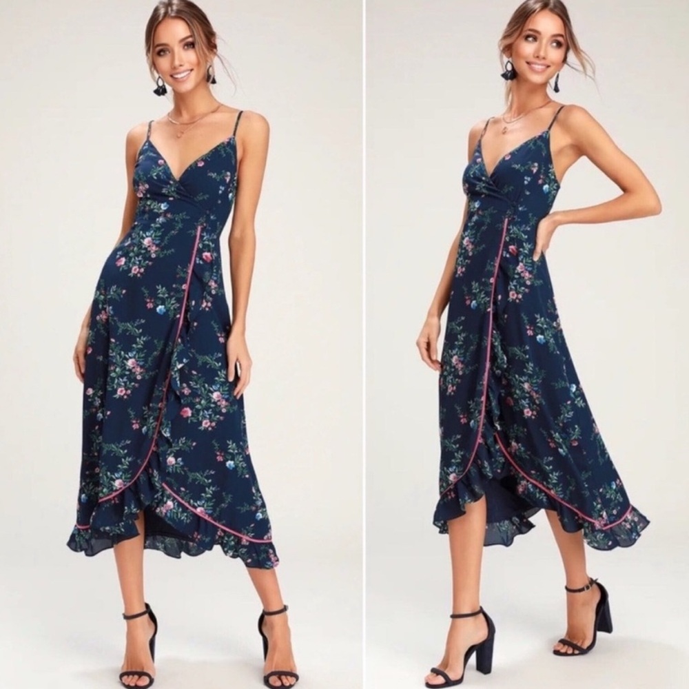 Floral Navy Wrap Midi Dress Medium